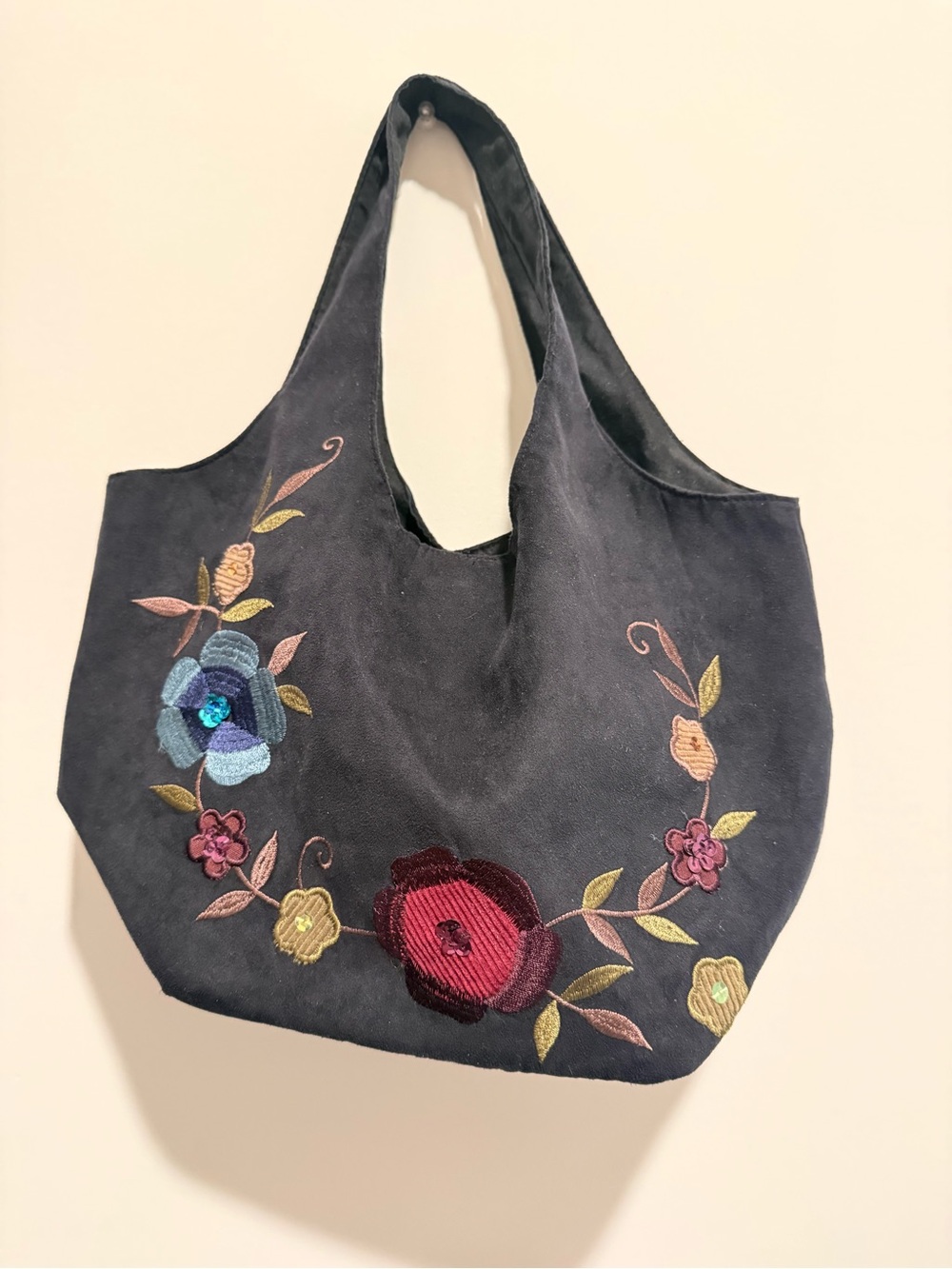 Embroidered Black Floral Tote Bag